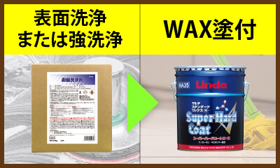 表面洗浄、汚れの度合いにより強洗浄した後にWAXを塗り重ねます。
